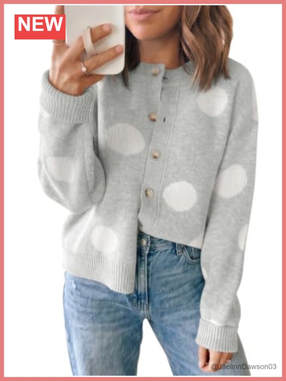 Polka Dot Button Down Cardigan Loose Knit Sweater